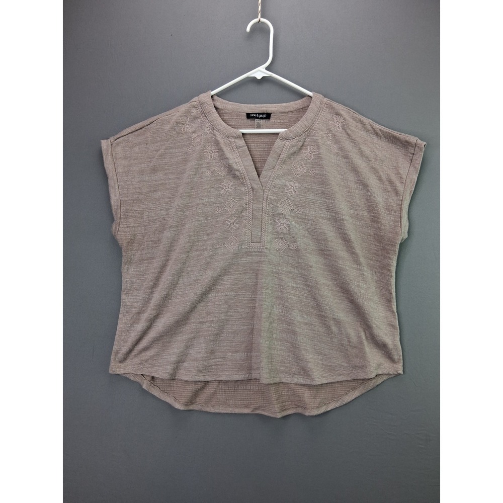 Cable & Gauge Top Embroidered Split Neck XL Mauve Taupe Short Sleeve Boho Blouse - Picture 1 of 6